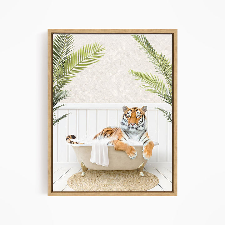 A tiger is sitting in a bathtub filled with water, surrounded by palm leaves, creating a whimsical and playful scene.