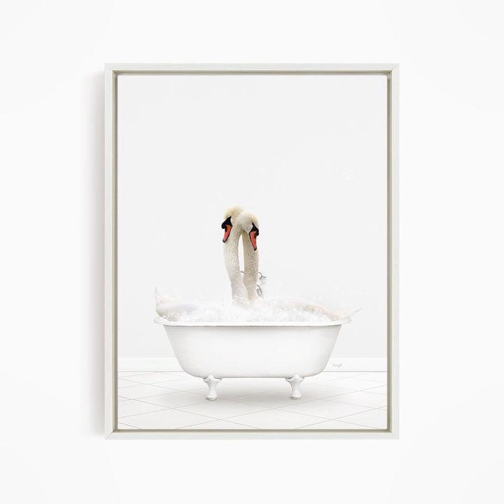 A white swan standing in a white bathtub filled with water.