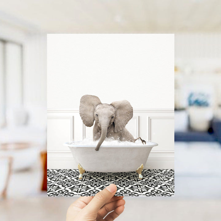 A small elephant sitting in a bathtub filled with water, surrounded by a patterned floor.