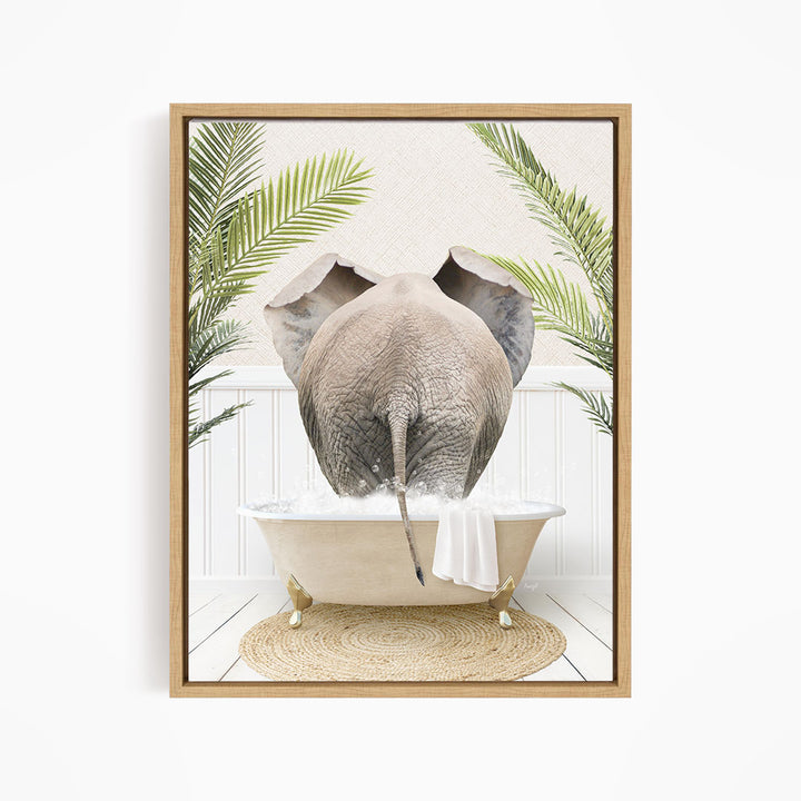 An elephant is taking a bath in a bathtub, surrounded by palm leaves and a woven mat.