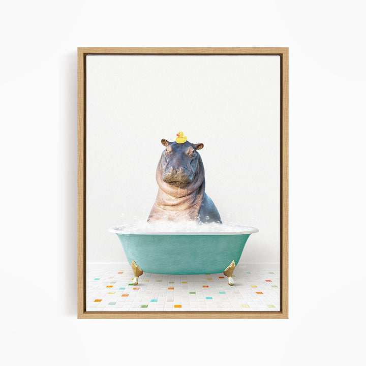A hippopotamus sitting in a bathtub filled with bubbles, wearing a yellow rubber duck hat.