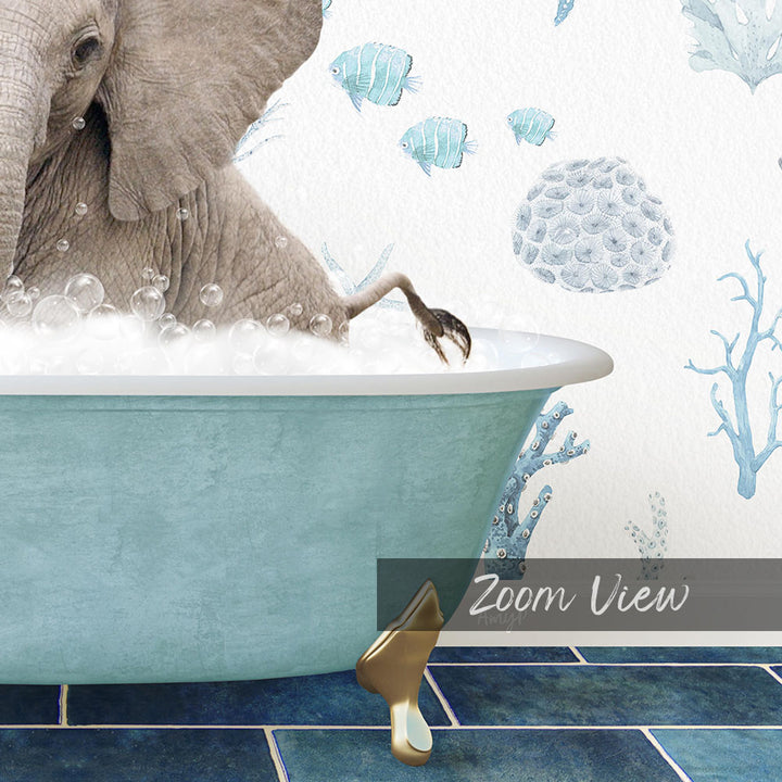 A large elephant is taking a bath in a blue bathtub, surrounded by bubbles and a coral-like decoration on the wall.