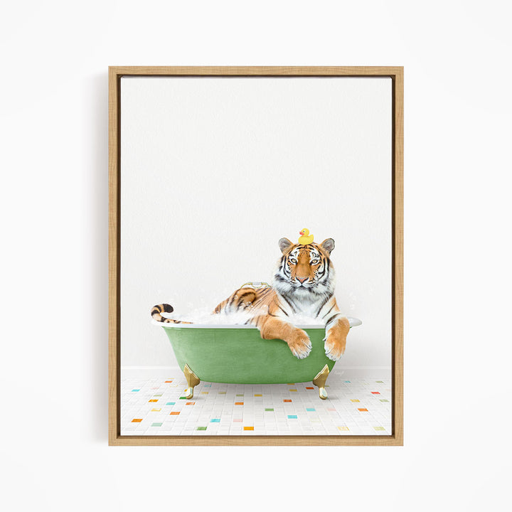 A tiger is sitting in a green bathtub, wearing a yellow crown and surrounded by colorful tiles on the floor.