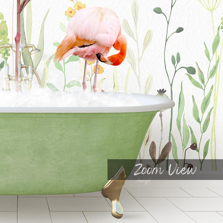 A pink flamingo stands in a green bathtub filled with water, surrounded by a floral mural on the wall.