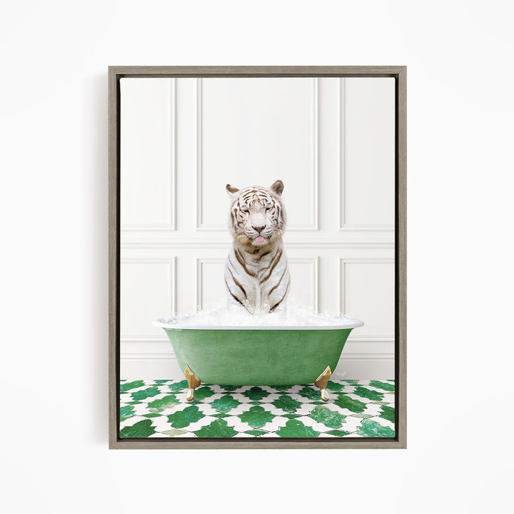 A white tiger sitting in a green bathtub filled with water, with a patterned green and white floor in the background.