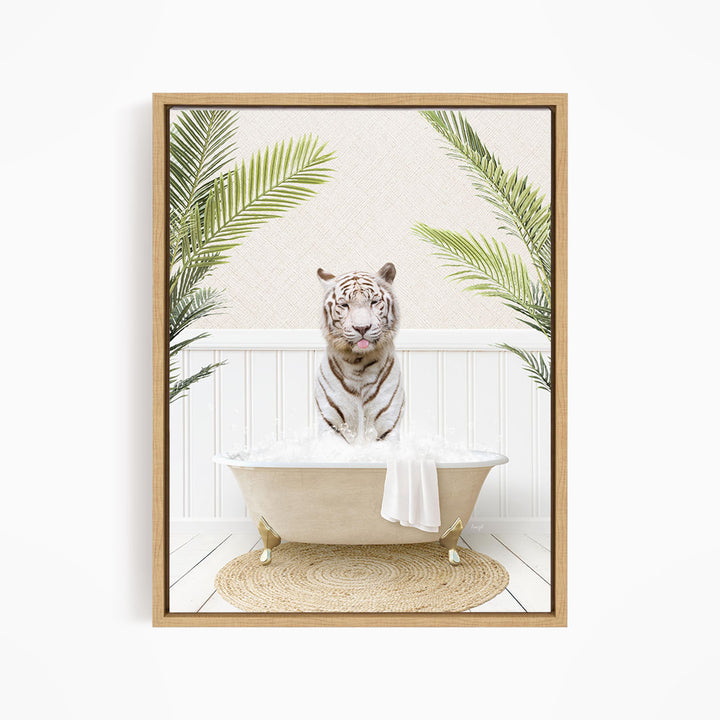 A white tiger sitting in a bathtub filled with water, surrounded by green palm leaves.