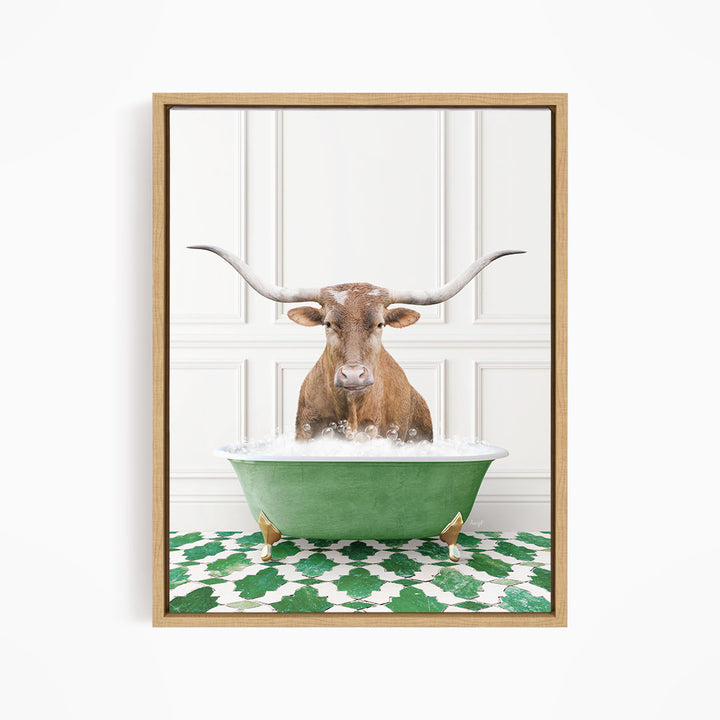 A brown bull with large horns is sitting in a green bathtub filled with water, creating a whimsical and playful scene.