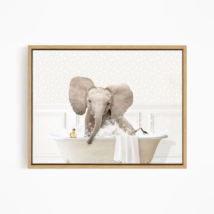 A baby elephant sitting in a bathtub filled with water, surrounded by various objects.