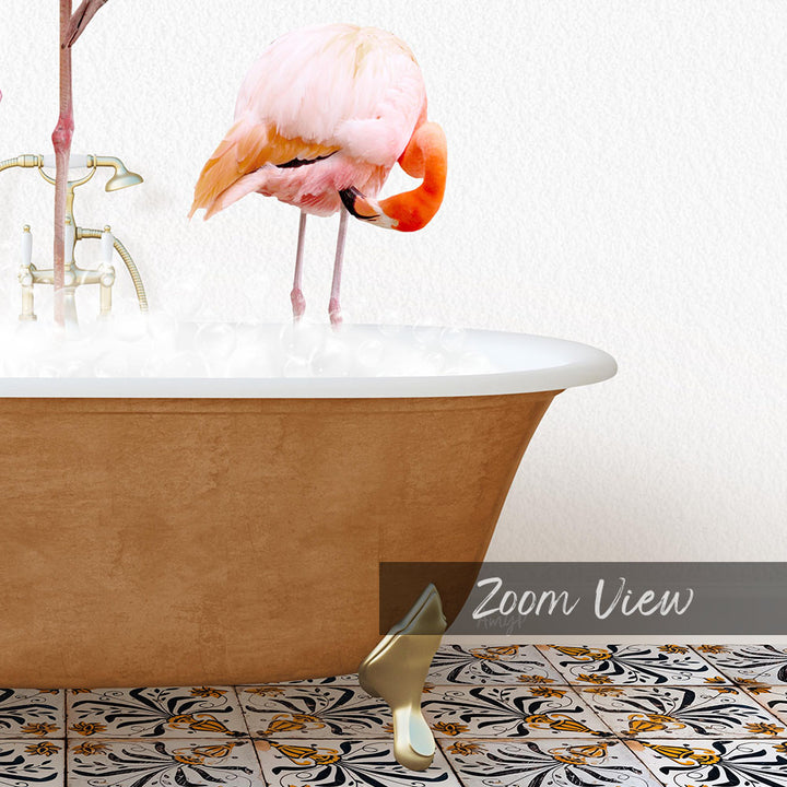 A pink flamingo standing in a bathtub filled with water, with a gold faucet and a decorative tile floor visible in the background.