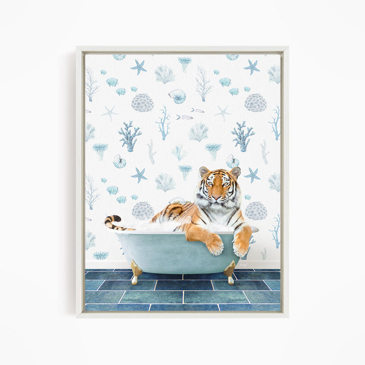 A tiger is sitting in a bathtub filled with water, surrounded by a blue and white patterned wallpaper with various sea creatures and plants.
