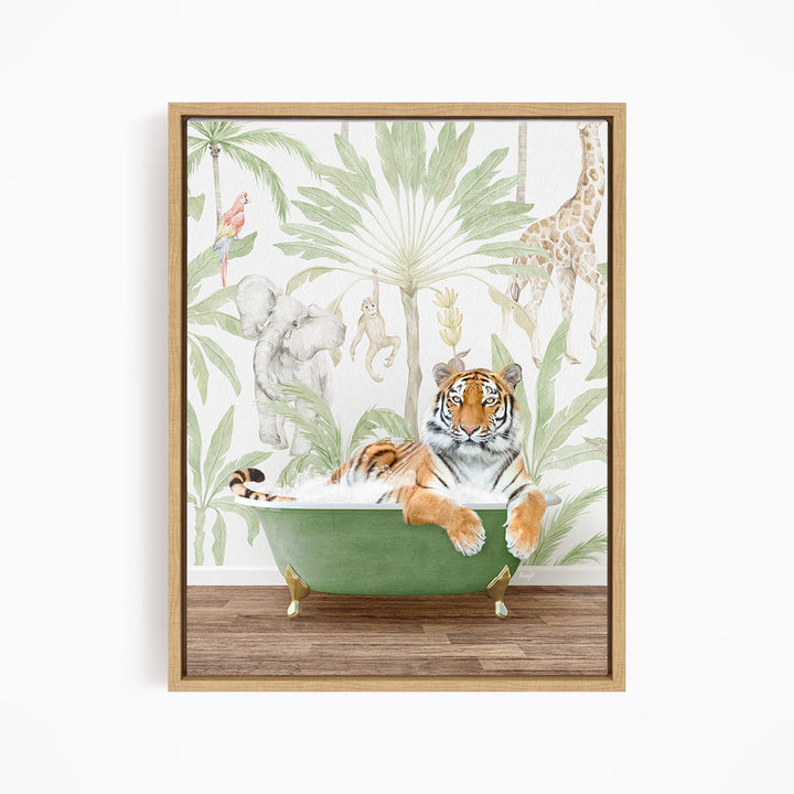 A tiger is sitting in a green bathtub, surrounded by various animals such as a giraffe, elephant, and parrot, all set against a tropical jungle backdrop.