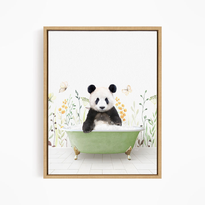 A panda bear sitting in a green bathtub surrounded by flowers and butterflies.