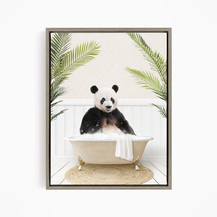 A panda bear sitting in a bathtub filled with bubbles, surrounded by green palm leaves.