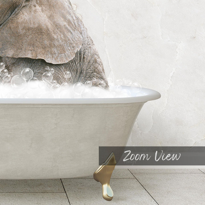 A bathtub filled with bubbles, with a large elephant partially submerged in the water.