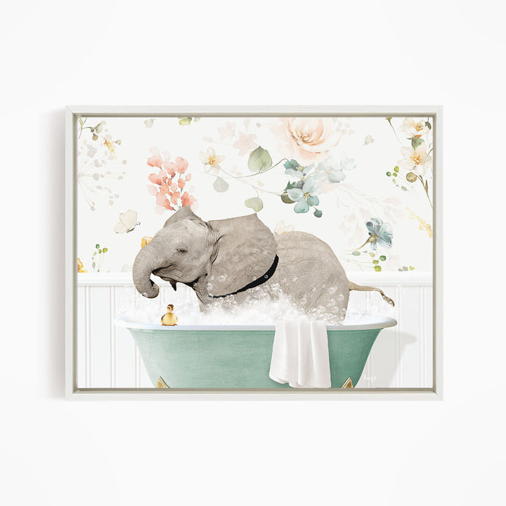 A gray elephant is taking a bath in a green tub, surrounded by a floral background.