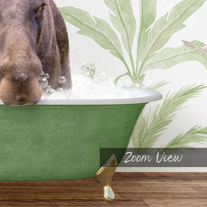 A close-up of a horse's head peeking over the edge of a green bathtub filled with bubbles, with a palm tree and bird in the background.