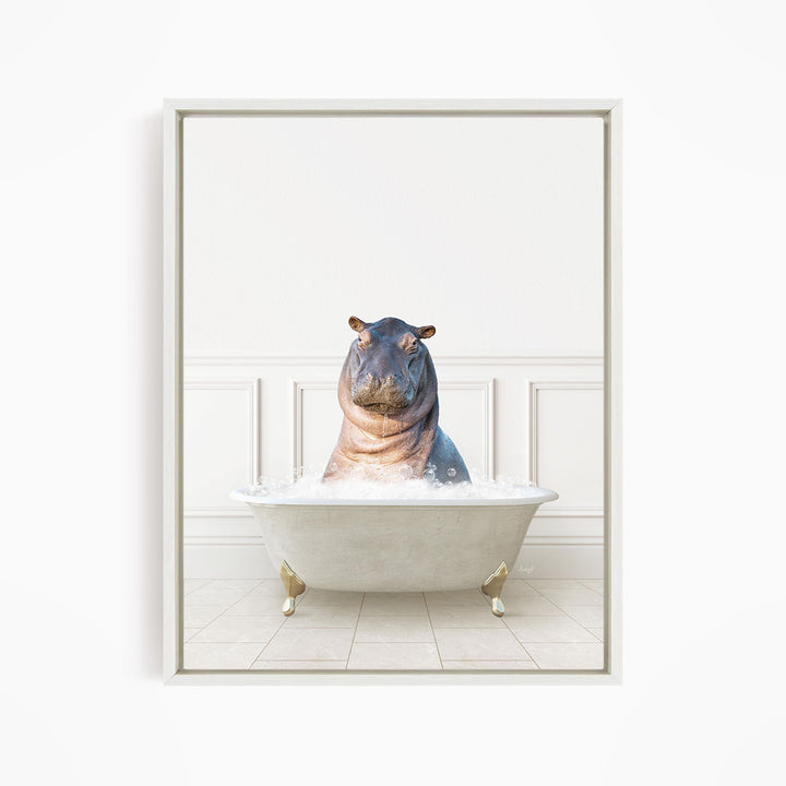 A hippopotamus sitting in a white bathtub filled with water, creating a whimsical and playful scene.