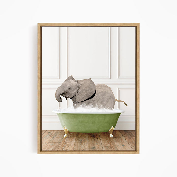 A gray elephant is sitting in a green bathtub filled with water, creating a whimsical and playful scene.