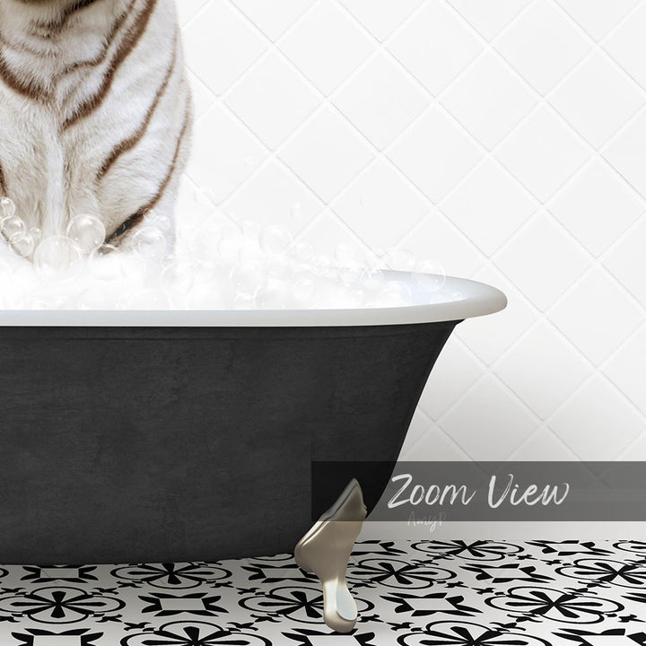 A white and black cat standing in a bathtub filled with bubbles, with a text overlay that reads "Zoom View" and "LESS THAN 500 CHARACTERS".