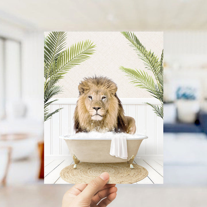 A lion sitting in a bathtub filled with water, surrounded by palm leaves, creating a whimsical and playful scene.
