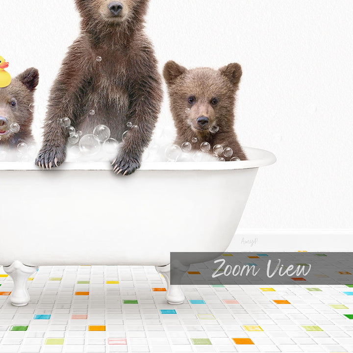 A white bathtub filled with bubbles, with three adorable brown bears sitting in it.