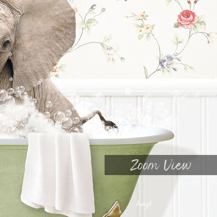 A close-up of an elephant taking a bath in a green bathtub, surrounded by bubbles and a floral wallpaper.