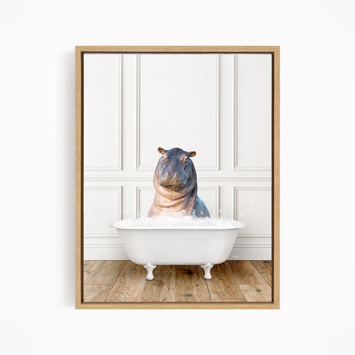 A hippopotamus sitting in a white bathtub filled with water, creating a whimsical and playful scene.