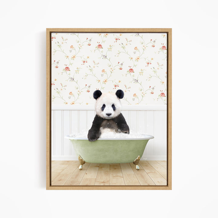 A panda bear sitting in a green bathtub, surrounded by a floral wallpaper.