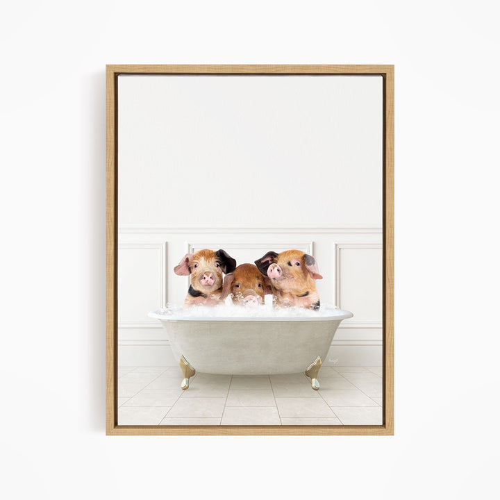 Three adorable pigs sitting in a white bathtub, enjoying a relaxing bath together.