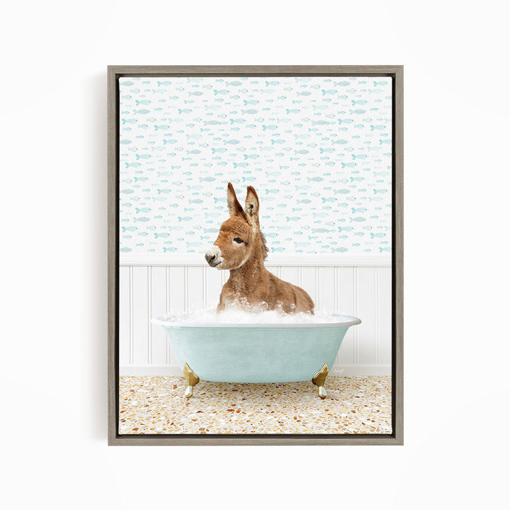 A donkey is sitting in a bathtub filled with water, surrounded by a pattern of fish.