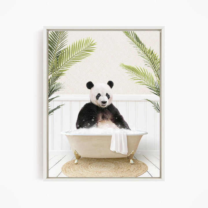 A panda bear sitting in a bathtub filled with bubbles, surrounded by green palm leaves.