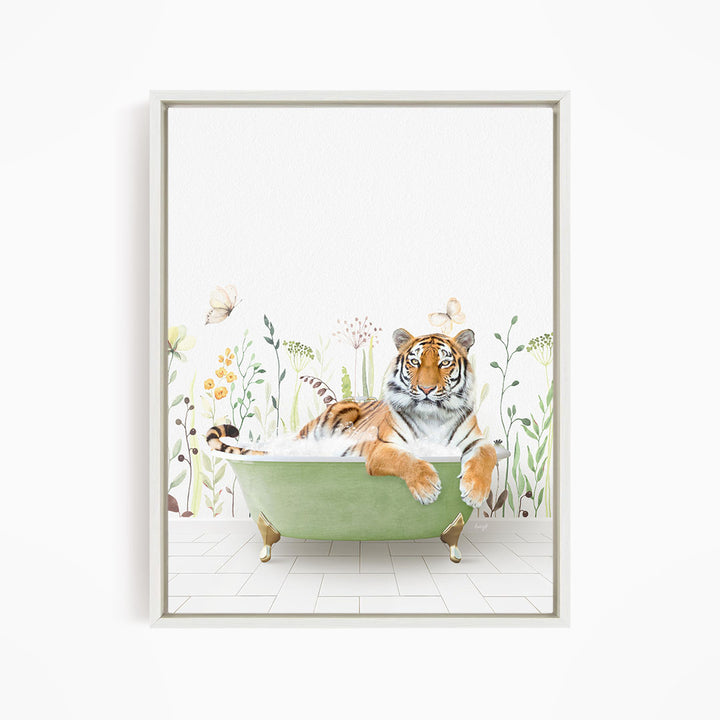 A tiger is sitting in a green bathtub, surrounded by flowers and butterflies, creating a whimsical and playful scene.