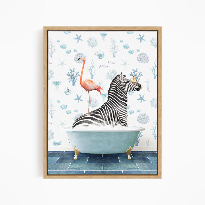 A zebra is sitting in a bathtub filled with water, with a flamingo standing on its back. The background features a pattern of seashells, starfish, and other marine life.