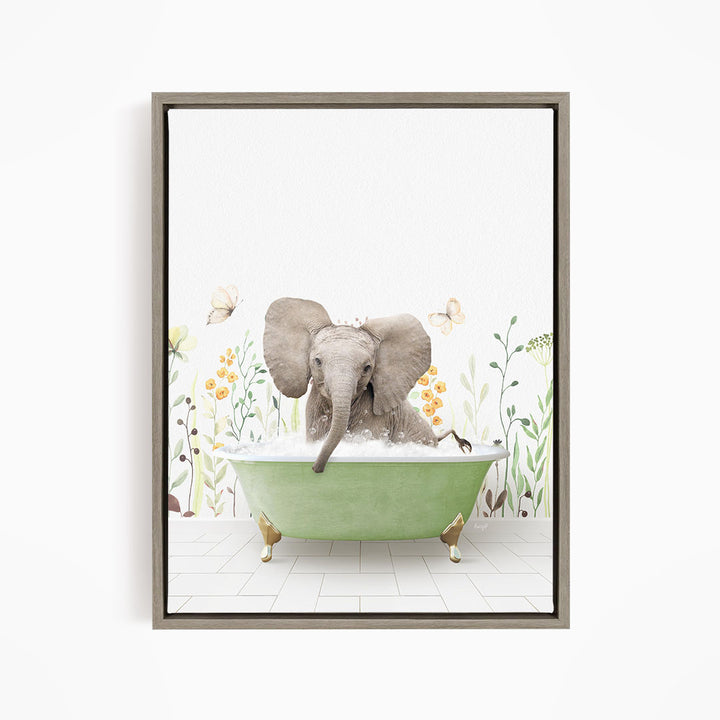A gray elephant is sitting in a green bathtub filled with water, surrounded by flowers and butterflies.