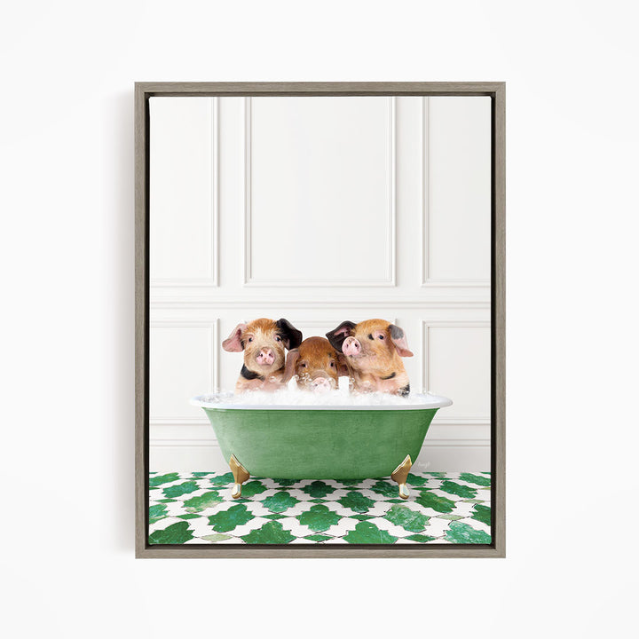 Three adorable pigs sitting in a green bathtub, enjoying a relaxing bath.