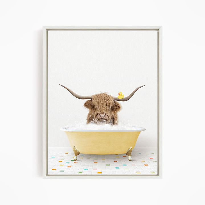 A horned animal, possibly a yak or a bison, is sitting in a yellow bathtub filled with water, with a rubber duck floating on the water.