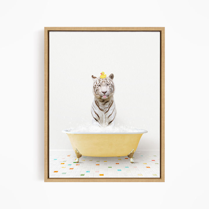 A white tiger is sitting in a yellow bathtub, surrounded by colorful tiles on the floor.