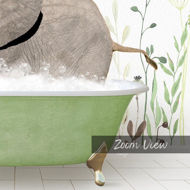 A green bathtub filled with bubbles, with a large elephant's trunk submerged in the water. The elephant is surrounded by a lush, green plant-like background.