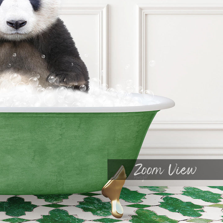 A panda bear sitting in a green bathtub filled with bubbles, with a "Zoom View" label below the image.