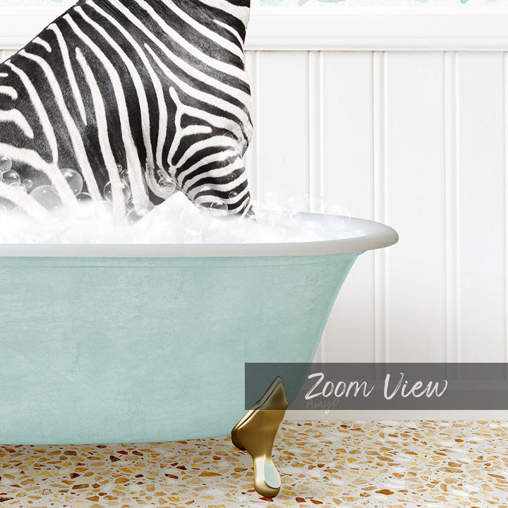 A zebra standing in a light blue bathtub filled with bubbles, with a gold bathtub leg visible.