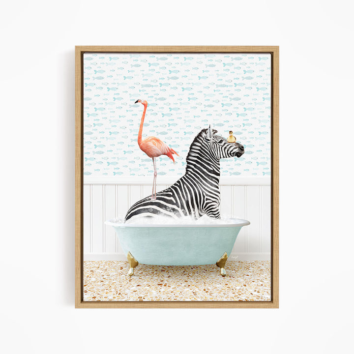 A zebra is sitting in a bathtub, surrounded by a pink flamingo and a bird, creating a whimsical and playful scene.