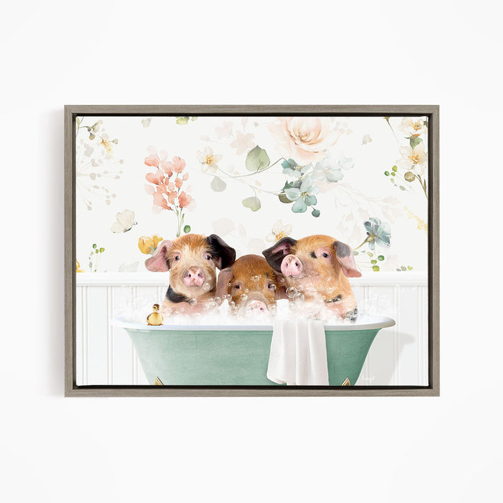 Three adorable pigs sitting in a green bathtub, enjoying a bubble bath together.