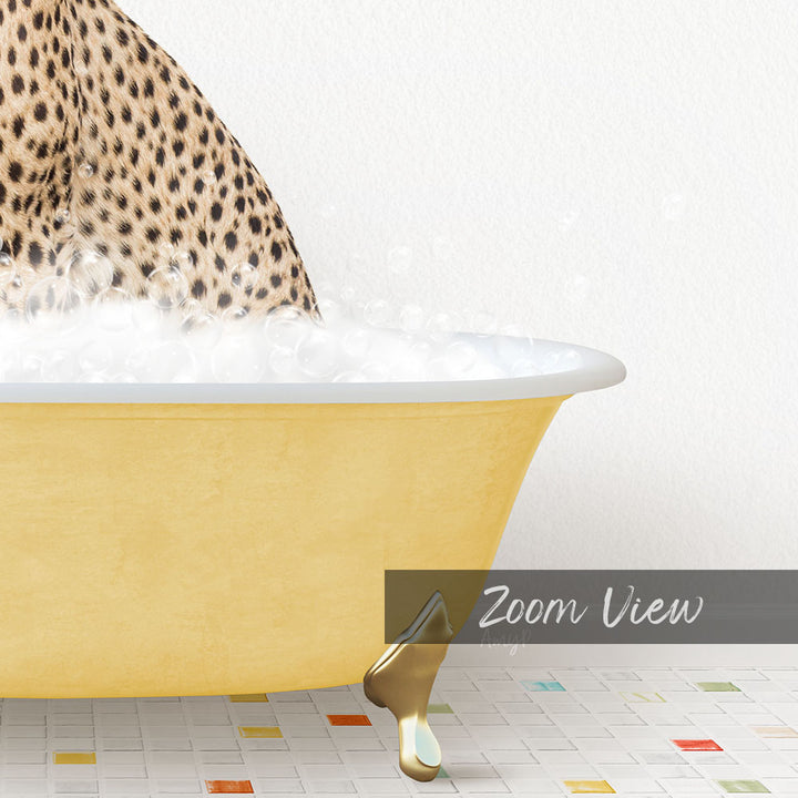 A leopard-print bathtub filled with water and bubbles, with a gold bathtub leg visible.