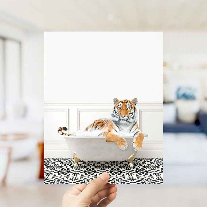 A tiger is sitting in a bathtub, surrounded by a black and white patterned floor.