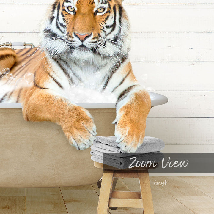 A tiger resting in a bathtub, surrounded by bubbles, with a towel nearby.