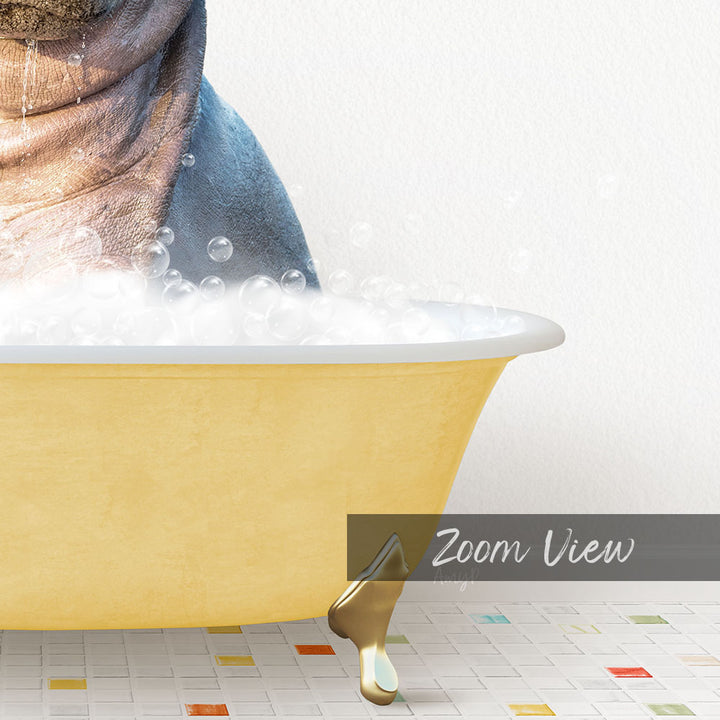 A yellow bathtub filled with bubbles, with a person's head partially submerged in the water.