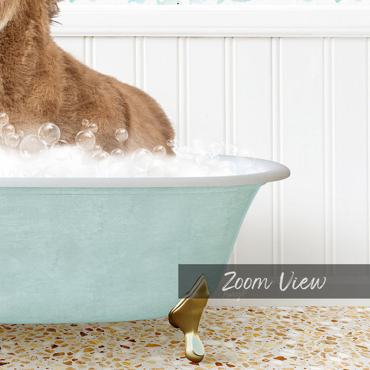 A dog is sitting in a light blue bathtub filled with bubbles, with a gold bathtub leg visible.