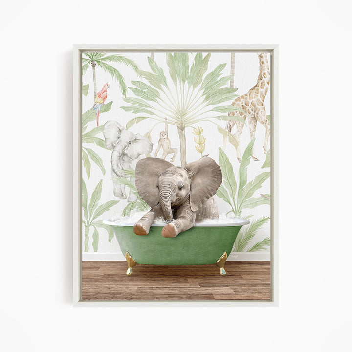 A baby elephant sitting in a green bathtub, surrounded by tropical foliage and other animals, creating a whimsical and playful scene.