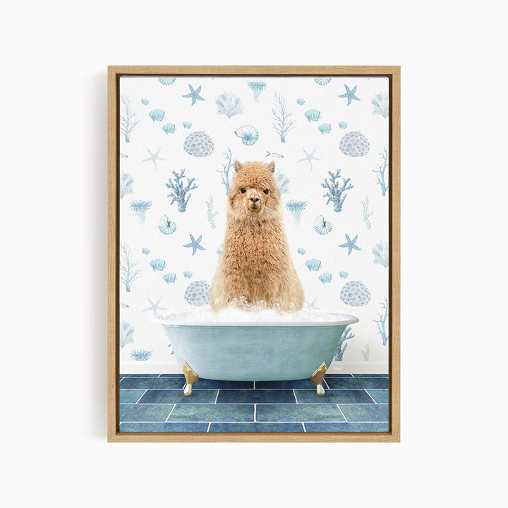 A fluffy brown dog sitting in a blue bathtub filled with bubbles, surrounded by a pattern of seashells, starfish, and other marine life.