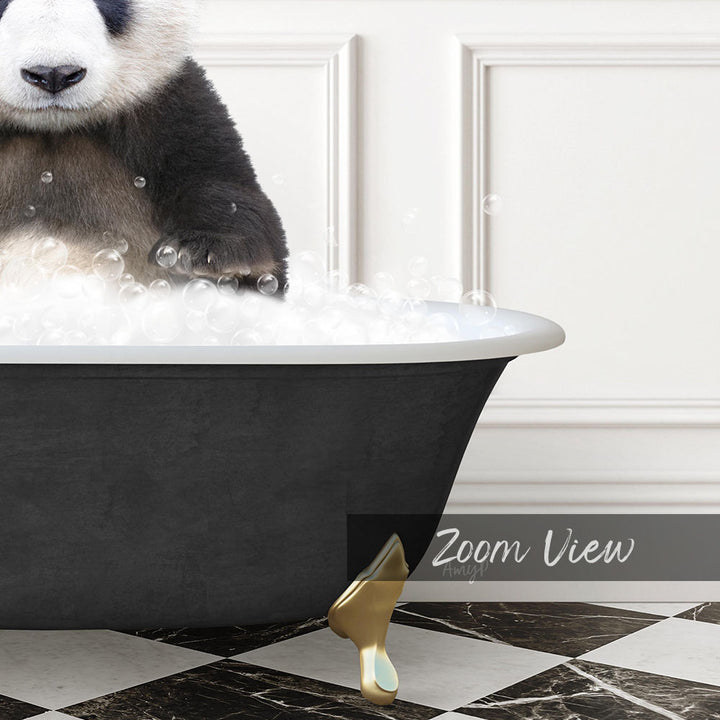 A panda bear sitting in a bathtub filled with bubbles, with a "Zoom View" label below the image.
